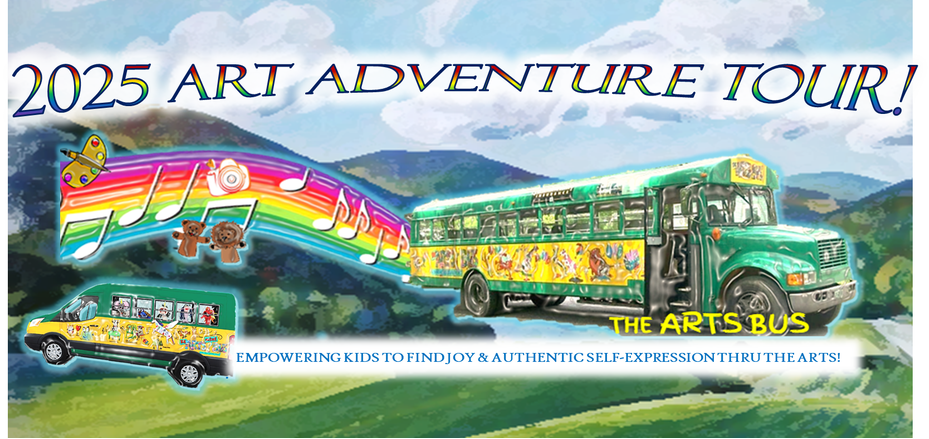 The Arts Bus (in green with a mural) in front of mountains powered by a musical rainbow. 